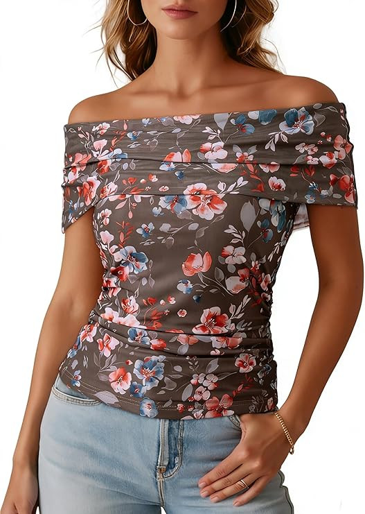 Dokotoo Women's Off Shoulder Printed Mesh Top Ruched Slim Fit Blouse | Amazon (US)