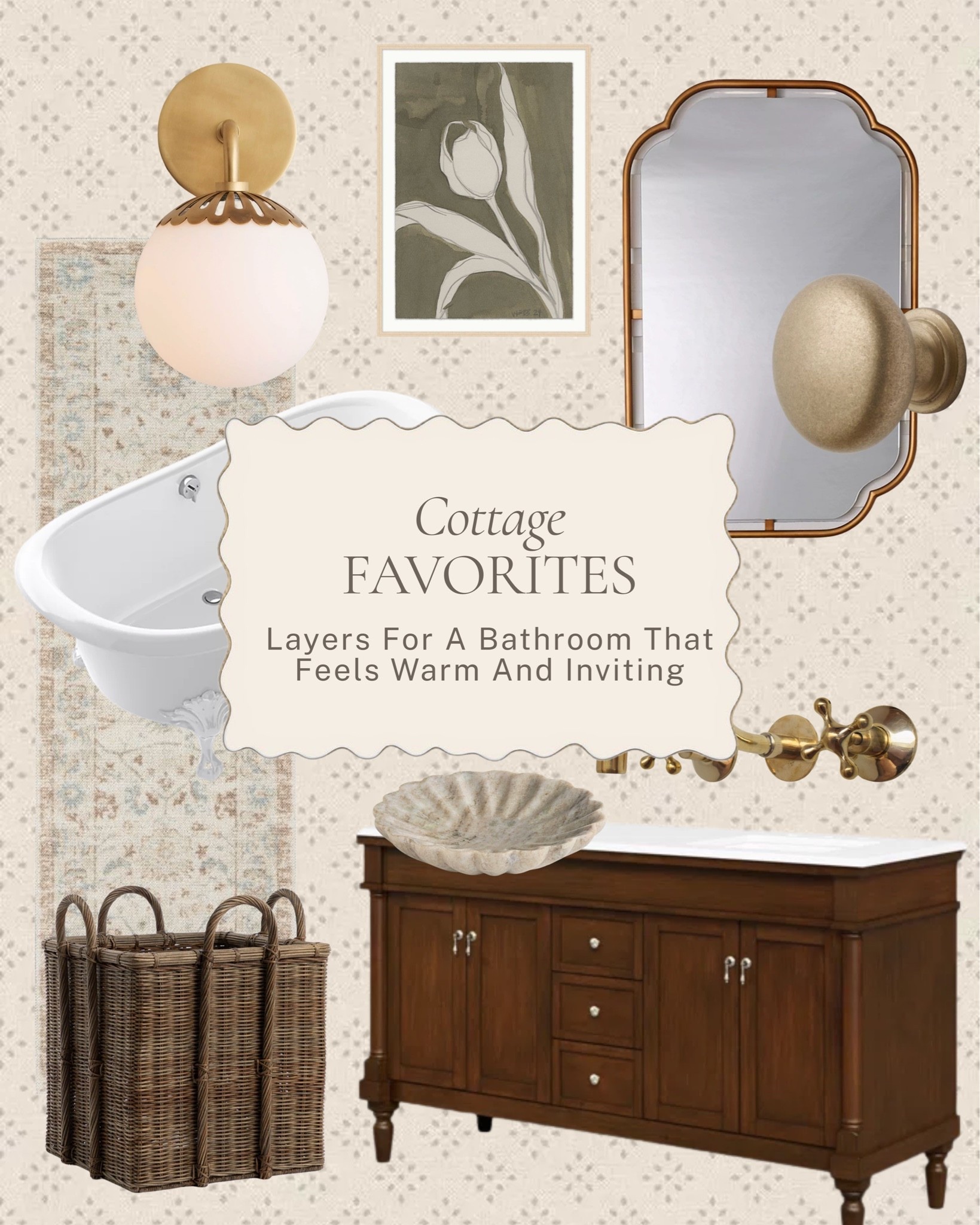 A bathroom can feel just as warm and inviting as any other room in the home ✨ 

A few cottage favorites, a clawfoot tub, a rich walnut vanity, unlacquered brass fixtures, a sculptural vessel sink, and those layered details that make a bathroom feel like a retreat rather than an afterthought. 

All linked here 🤍 

#LTKhome