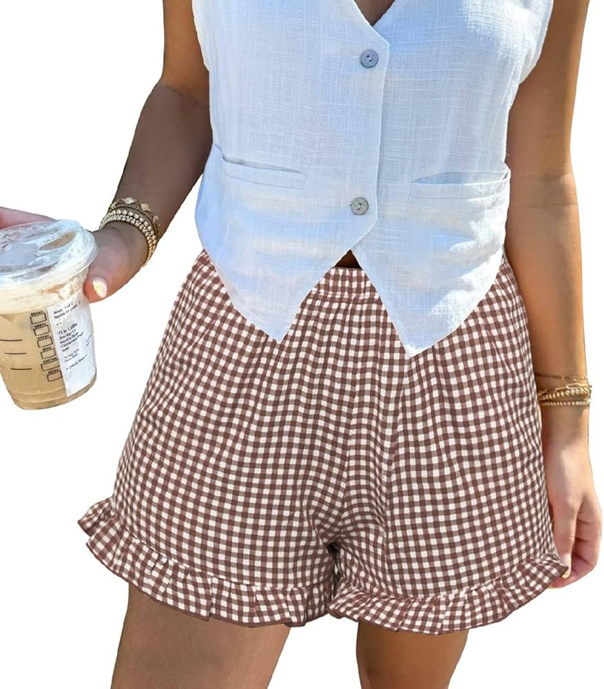 Aoulaydo Boxer Shorts for Women Pajama Gingham Shorts Casual Lounge Sleep Plaid Y2K Beach Bottoms... | Amazon (US)