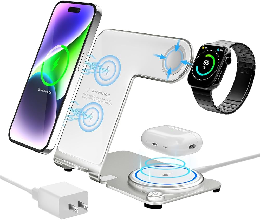 Wireless Charger, Aluminum Alloy 3 in 1 Wireless Charging Station for Apple iPhone/iWatch/Airpods... | Amazon (US)