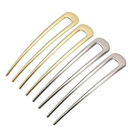 JETEHO 4 Pack Simple Metal U Shaped Hair Pin Fork Sticks 2 Prong Updo Chignon Pins,Silver and Gol... | Amazon (US)