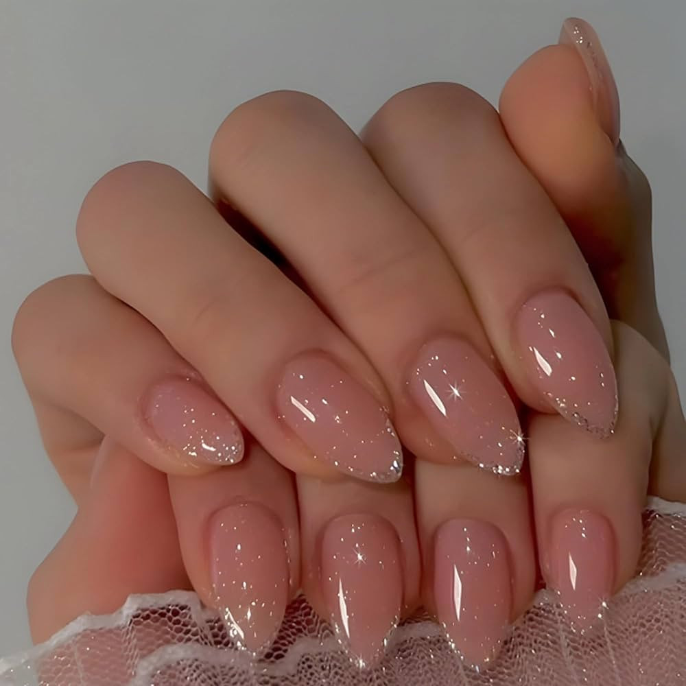 MERVF Almond Press on Nails Medium Fake Nails Press ons Glitter Sliver French Tip Glue on Nails w... | Amazon (US)