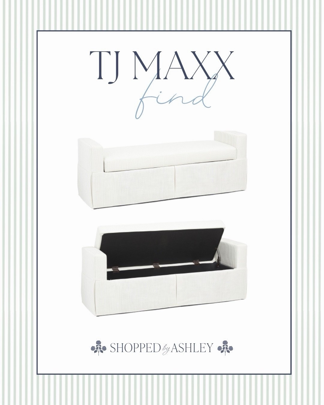 Green stripe Lillian August storage bench just restocked online at TJ Maxx! This is perfect for a window bench, end of bed, or nursery 💚

Storage bench, storage ottoman, HomeGoods find, Lillian August bench, TJ Maxx find, striped bench, green and white stripe, classic style, Grandmillennial style, Grandmillennial home #LTKStyleTip

#LTKHome