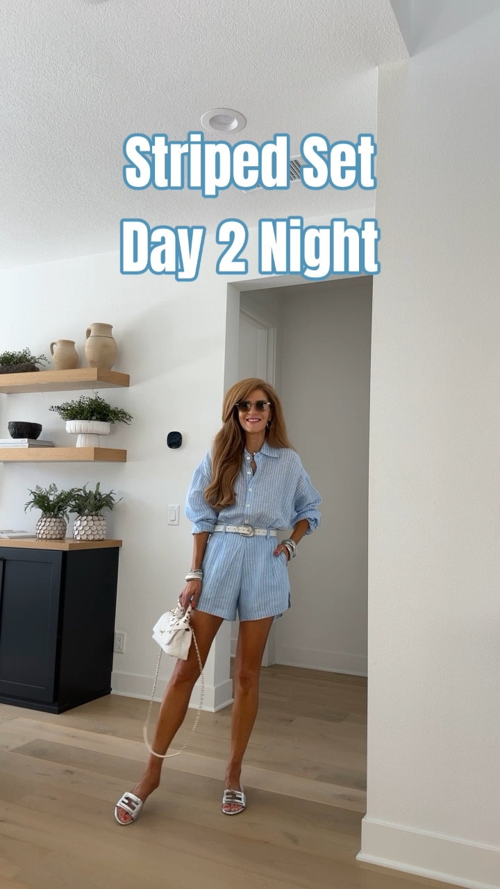 Love this blue and white striped set and silver flats! Also this set comes in pink now its killer! Wearing xs