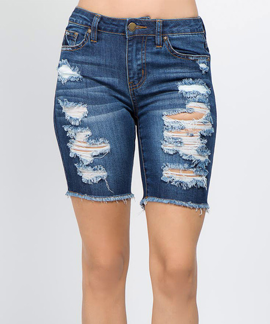 American Bazi Women's Casual Shorts BLUE - Dark Blue Frayed-Hem Distressed Denim Bermuda Shorts - Wo | Zulily
