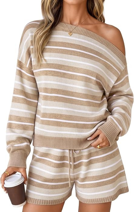 ZESICA Women's 2 Piece Striped Casual Long Sleeve Sweater Shorts Sets | Amazon (US)