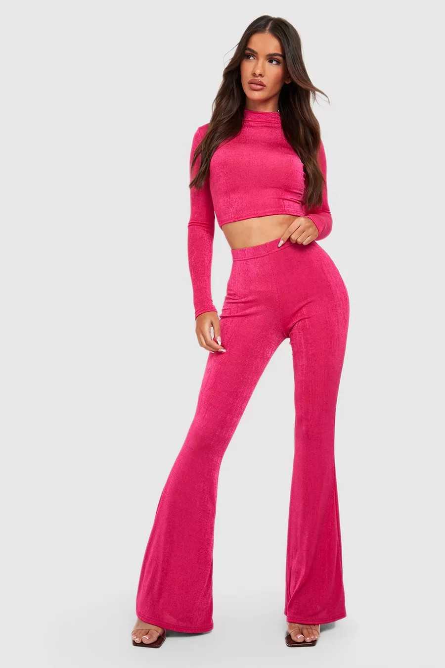 Acetate Slinky High Neck Crop & Flare Pants | Boohoo.com (US & CA)