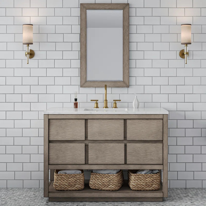 Oakman 48" Carrara White Marble Countertop Bath Vanity in Gray Oak with Faucet and Mirror | Wayfair North America