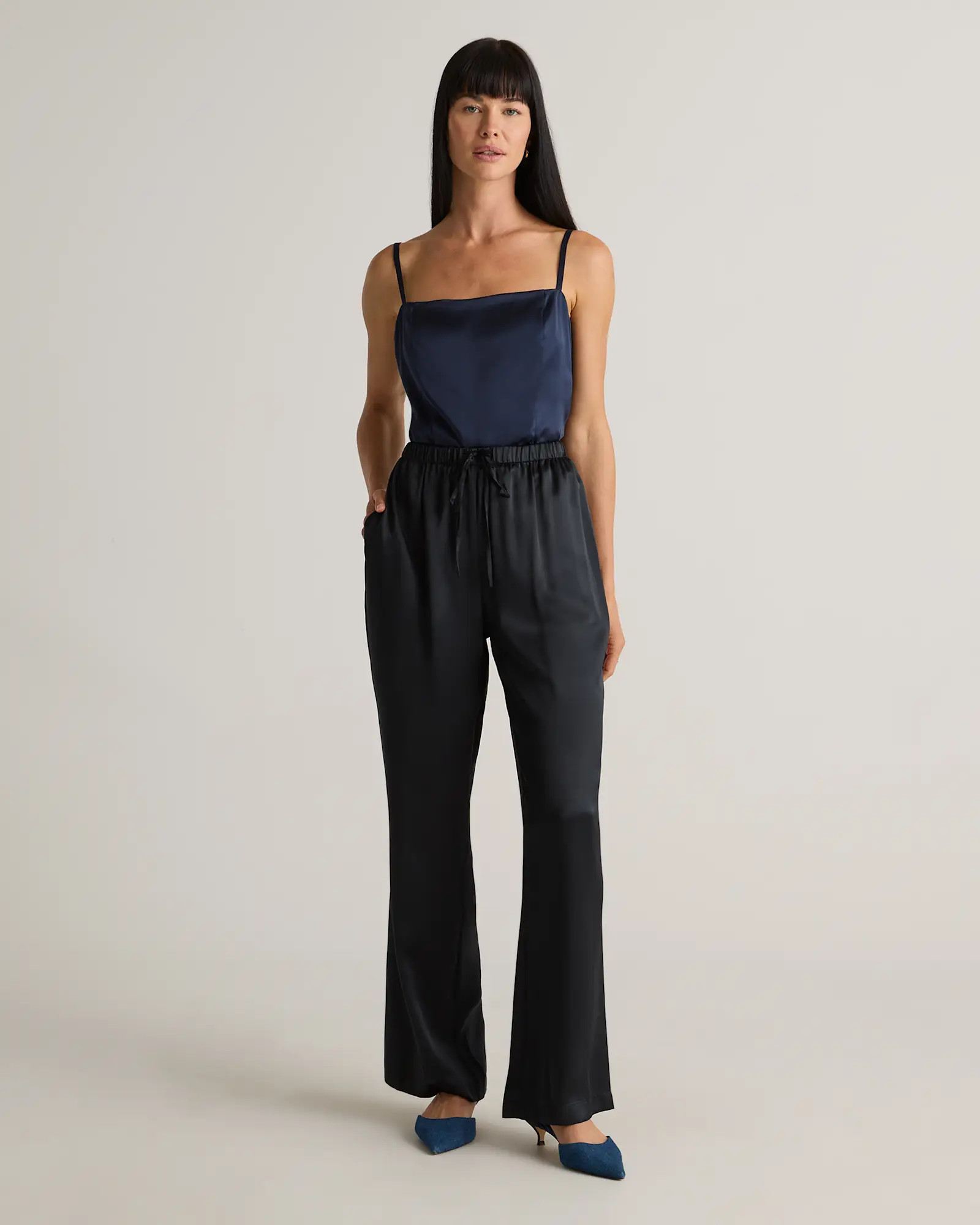 100% Washable Silk Drawstring Wide Leg Pants in Black | Quince