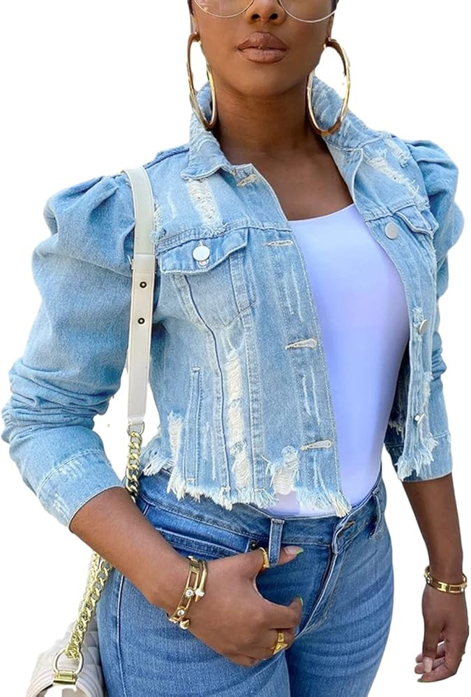 AMEBELLE Jean Jacket for Women Long Puff Sleeve Distressed Crop Denim Jackets Top | Amazon (US)