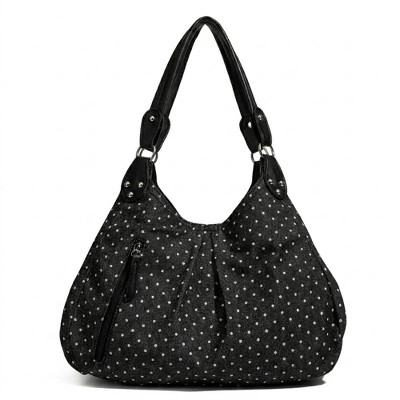 Alilang Polka Dot Hobo Shoulder Bag with Front Zipper Pocket, Black | Target