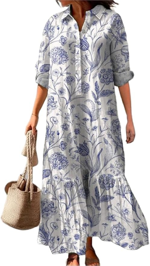 Womens Spring Maxi Dresses 2026 Boho Floral Print Long Sleeve Shirt Dress with Swing Hem | Amazon (US)