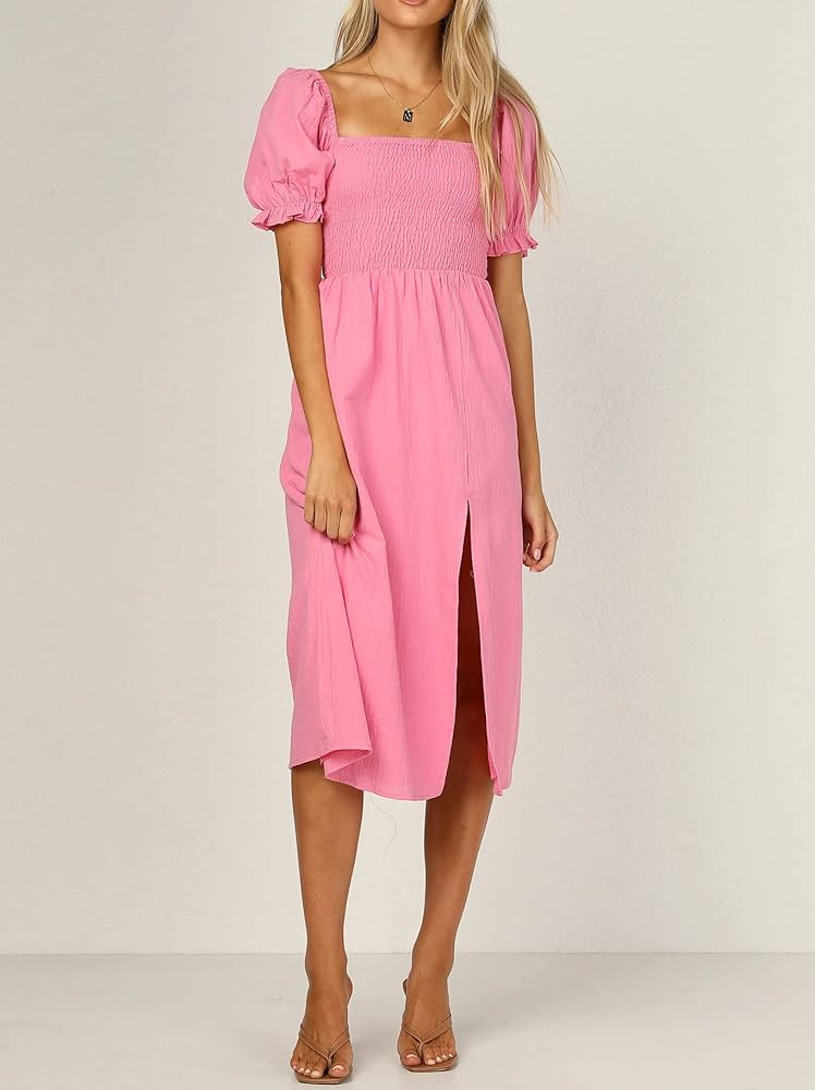 R.Vivimos Summer Dress for Women Cotton Plaid Puff Sleeves Casual Off-Shoulder Boho Side Slit Mid... | Amazon (US)