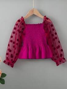 Toddler Girls Contrast Dobby Mesh Flounce Sleeve Shirred Peplum Blouse | SHEIN