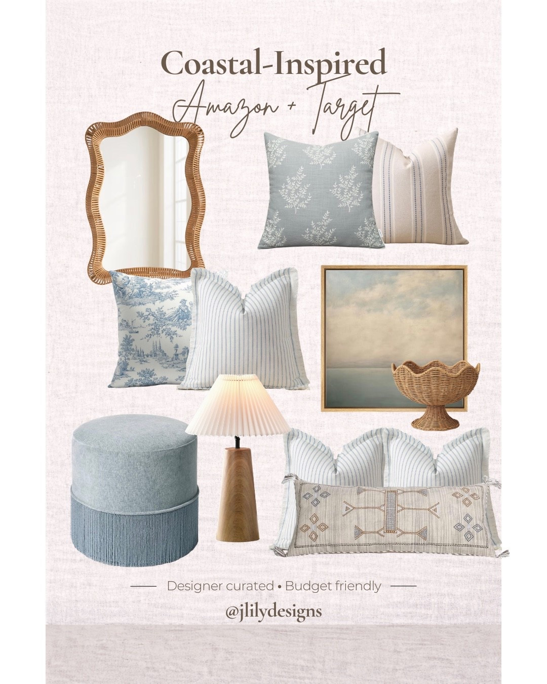 If your Pinterest board says coastal but your budget says Target + Amazon… this one’s for you. 🤍🌊

I pulled together a designer-inspired collection with soft blues, warm natural textures, woven accents, classic stripes, and timeless artwork that feels elevated without the luxury price tag. These are the kinds of pieces that layer beautifully and won’t feel dated next season.

Everything is linked below for easy shopping.

#CoastalHomeDecor
#BudgetHomeDecor
#TargetHomeFinds
#AmazonHomeFinds
#walmarthome

#LTKHome