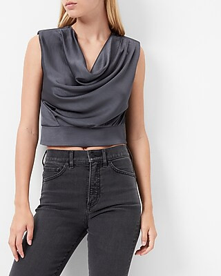 Satin Banded Bottom Cowl Neck Top | Express