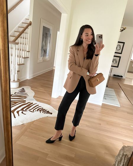 Kat Jamieson wears a blazer, denim jeans and Chanel shoes to dinner. Date night outfit, Chanel slingback pumps, Savette bag, neutral style, classic outfit. 

#LTKSeasonal #LTKitbag #LTKworkwear