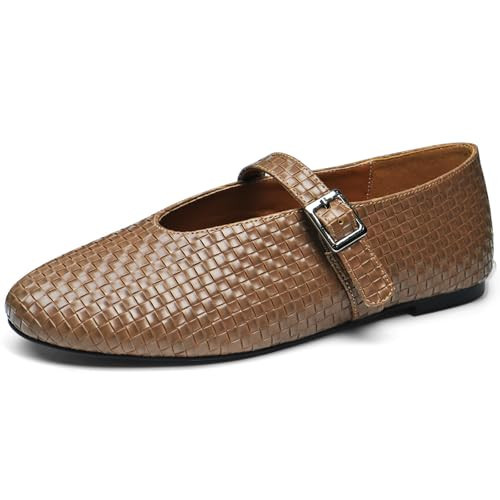 POYOIOR Brown Ballet Flats for Women Woven Round Toe Flats with Strap Wide Width Comfortable Casual Work Flats for Women Office Size 9.5 | Amazon (US)