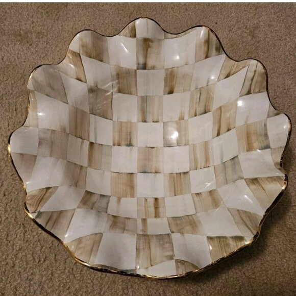 RARE MACKENZIE CHILDS FLUTED PARCHMENT CHECK CERAMIC FOOTED MEDIUM BOWL DISH | Poshmark