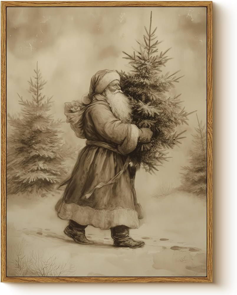 WHASAYART Vintage Santa Claus Carrying Christmas Tree Wall Art, Retro 12x16 Framed Canvas Print, ... | Amazon (US)