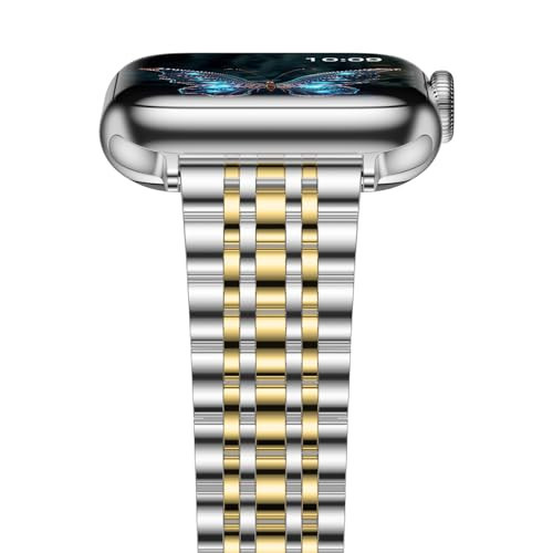 iiteeology Fashion Band for Apple Watch, Stainless Steel, Slim Designer iWatch Bands for Women 42mm 41mm 40mm 38mm - Silver/Gold | Amazon (US)