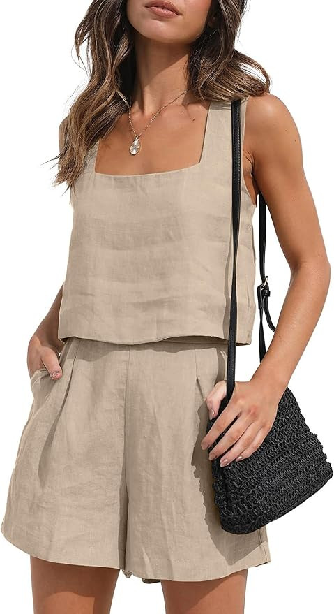 Womens Linen 2 Piece Outfits Lounge Sets sleeveless Tank Tops and High Waist Shorts Summer Vacati... | Amazon (US)