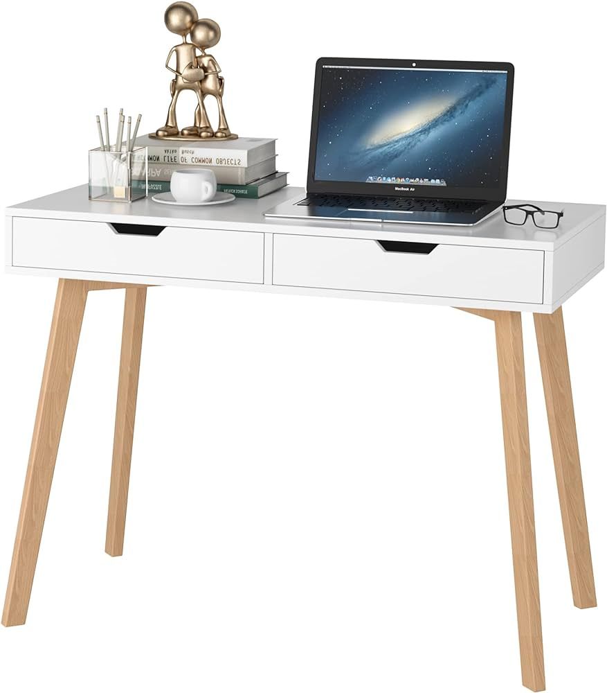 FOTOSOK White Computer Writing Desk with 2 Drawers, Small Desk Makeup Vanity Table Wood Desk with... | Amazon (US)