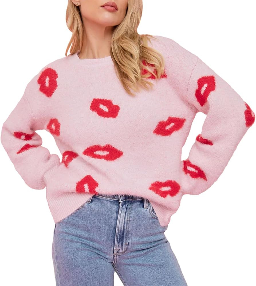 Virmoku Valentine Gifts For Her Valentine Sweater For Women Cute Lips Long Sleeve Crewneck Pullov... | Amazon (CA)
