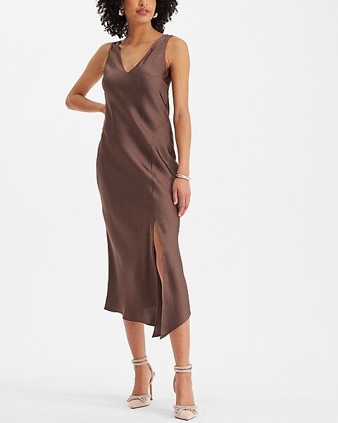 Satin V-Neck Asymmetrical Hem Midi Slip Dress | Express