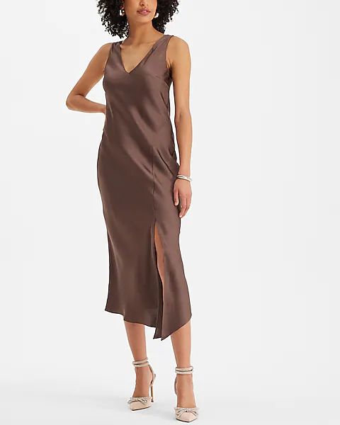 Satin V-neck Asymmetrical Hem Midi Slip Dress | Express