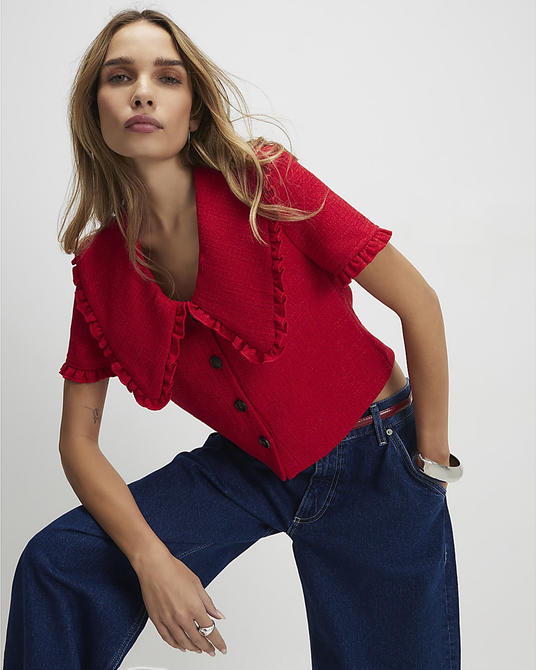 Red Oversized Collar Boucle Top | River Island UK & IE