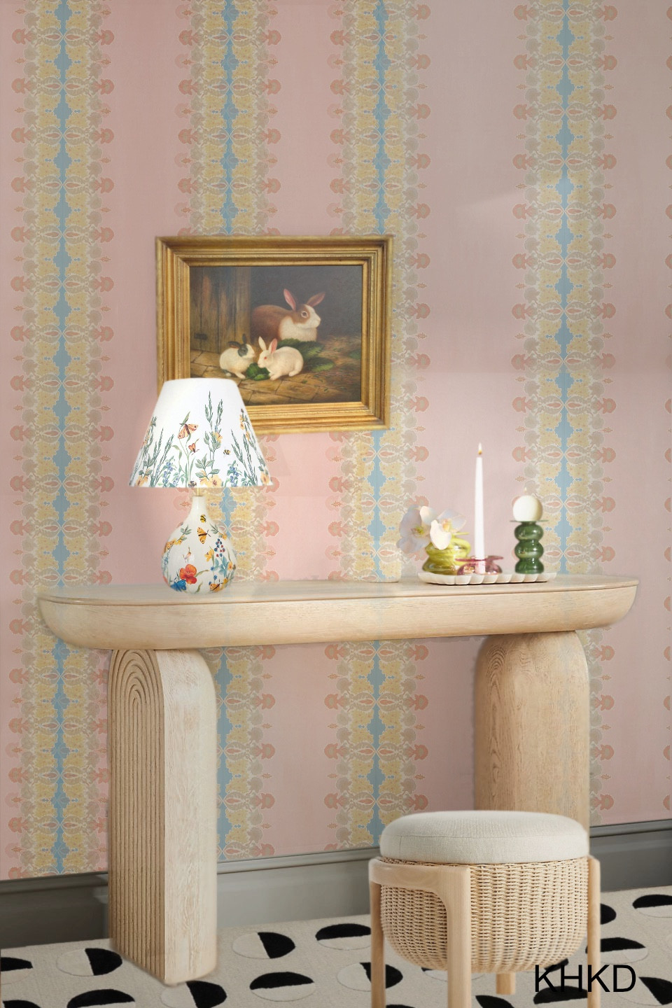 Easter Decor Ideas—-entry. This entry we design features a vintage  oil painting in a gilded frame. We chose some pieces from Anthropologie’s 40% off home sale( this weekend only) including a curved wood-tone console, a cute rattan ottoman, a floral table lamp by Mark D. Sikes, a rose stripe maximalist wallpaper by House of Hackney and a playful geometric rug. Rabbit, floral and rose pink, what do you expect to bring in a piece of spring to your home? #easterdecor #entry #home #wallpaper #console 

#LTKhome #LTKSpringSale #LTKsalealert