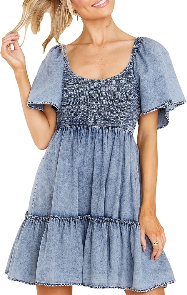 Women Summer Casual Denim Shirt Dress Short Sleeve A-Line Tiered Babydoll Distressed Jean Dress L... | Amazon (US)