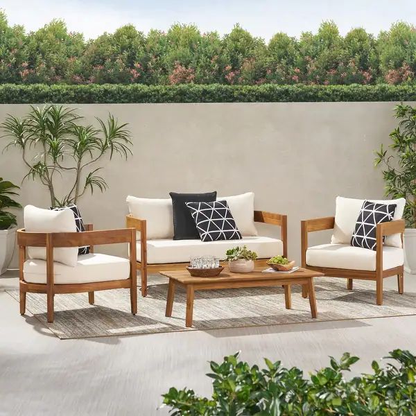 Brooklyn Outdoor Acacia Wood 4 Seater Chat Set with Cushions by Christopher Knight Home | Bed Bath & Beyond