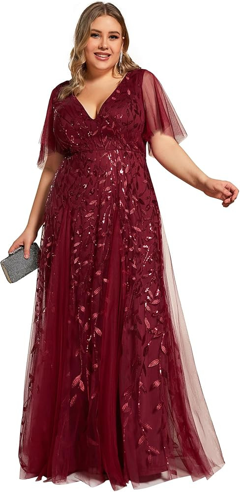Ever-Pretty Womens Plus Size Sequin Emboridery Formal Evening Dresses with Sleeves 00736-DA | Amazon (US)