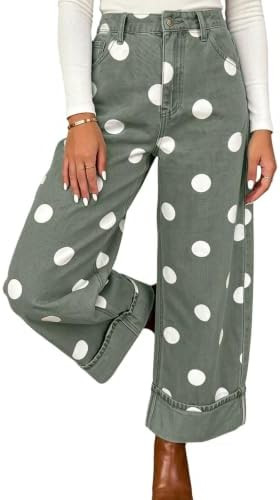 CHARTOU Women High Rise Wide Leg Jeans Baggy Crop Cuffed Hem Denim Polka Dot Pants | Amazon (US)