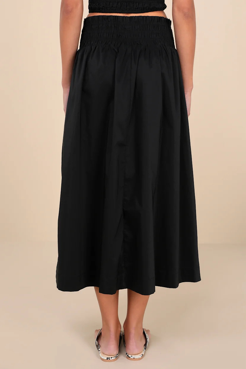 Modern Sweetheart Black Smocked Waist Midi Skirt | Lulus
