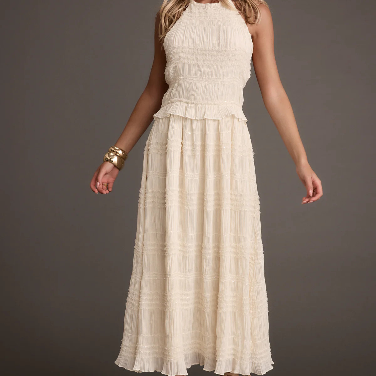 Quinn Ivory High Neck Shimmer Chiffon Maxi Dress | 12th Tribe