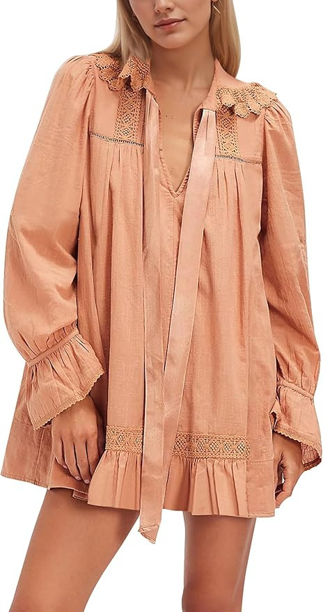 Long Sleeve Babydoll Dresses Women Fall V Neck Lace Trim Mini Dress Flowy Puff Sleeve Tie Front A... | Amazon (US)