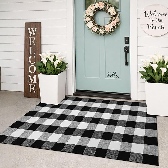 KILOCOCO Buffalo Plaid Checkered Rug - 3'x5' Front Door Mat Outdoor,Black and White Rugs Cotton W... | Amazon (US)