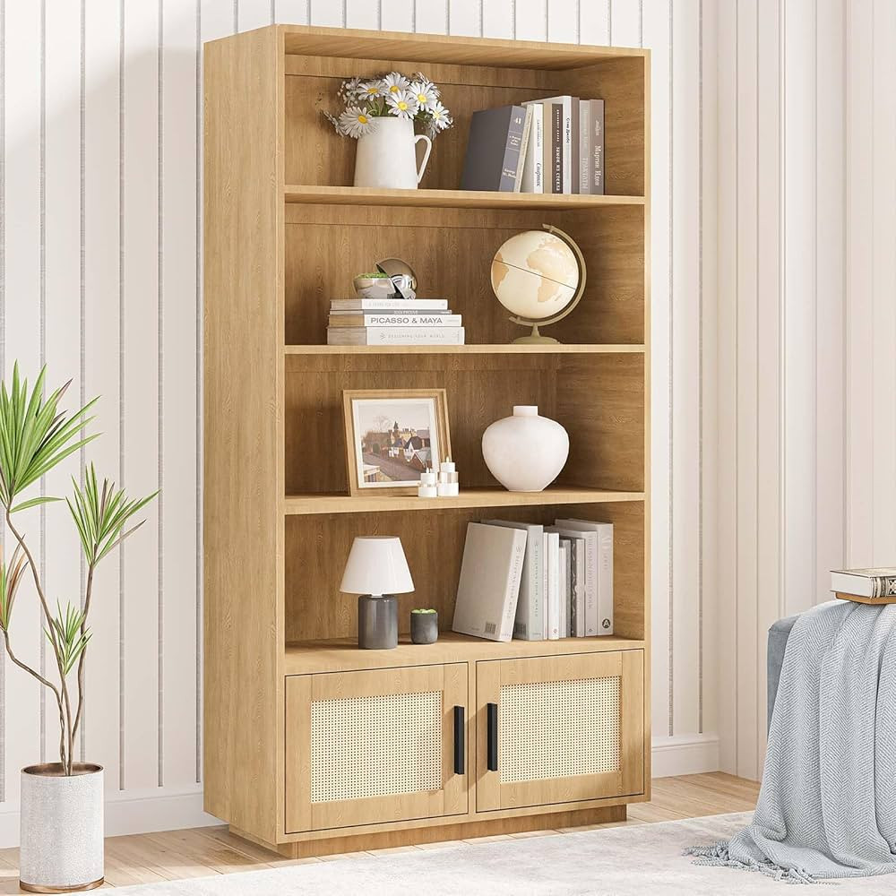 5 Tier Bookself, Boho Bookcase with Rattan Doors, Wooden Bookcase and Bookshelf with Storage, Tal... | Amazon (US)