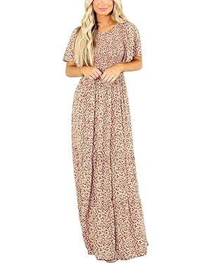 Kranda Women Summer Dress Round Neck Flutter Short Sleeve Smocked Ruffle Tiered Floral Maxi Dress... | Amazon (US)