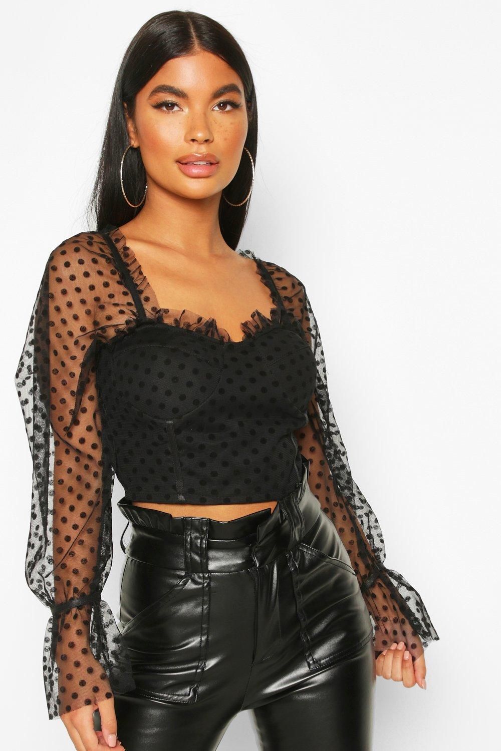 Womens Petite Puff Sleeve Spot Mesh Crop Top - Black - 0 | Boohoo.com (US & CA)