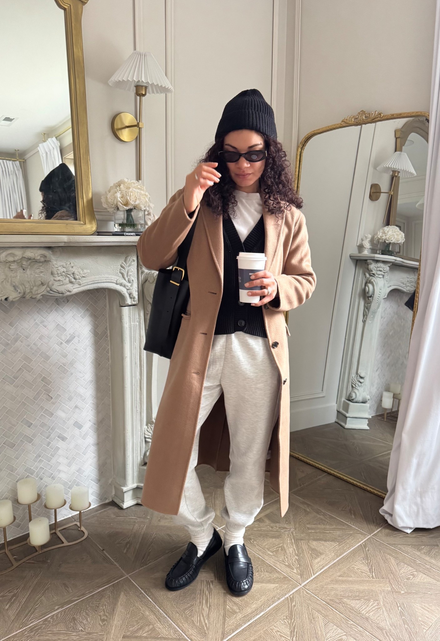 Casual chic joggers winter outfit with a beanie, cardigan, t-shirt, joggers, loafers, wool coat, and bucket tote 

#LTKootd