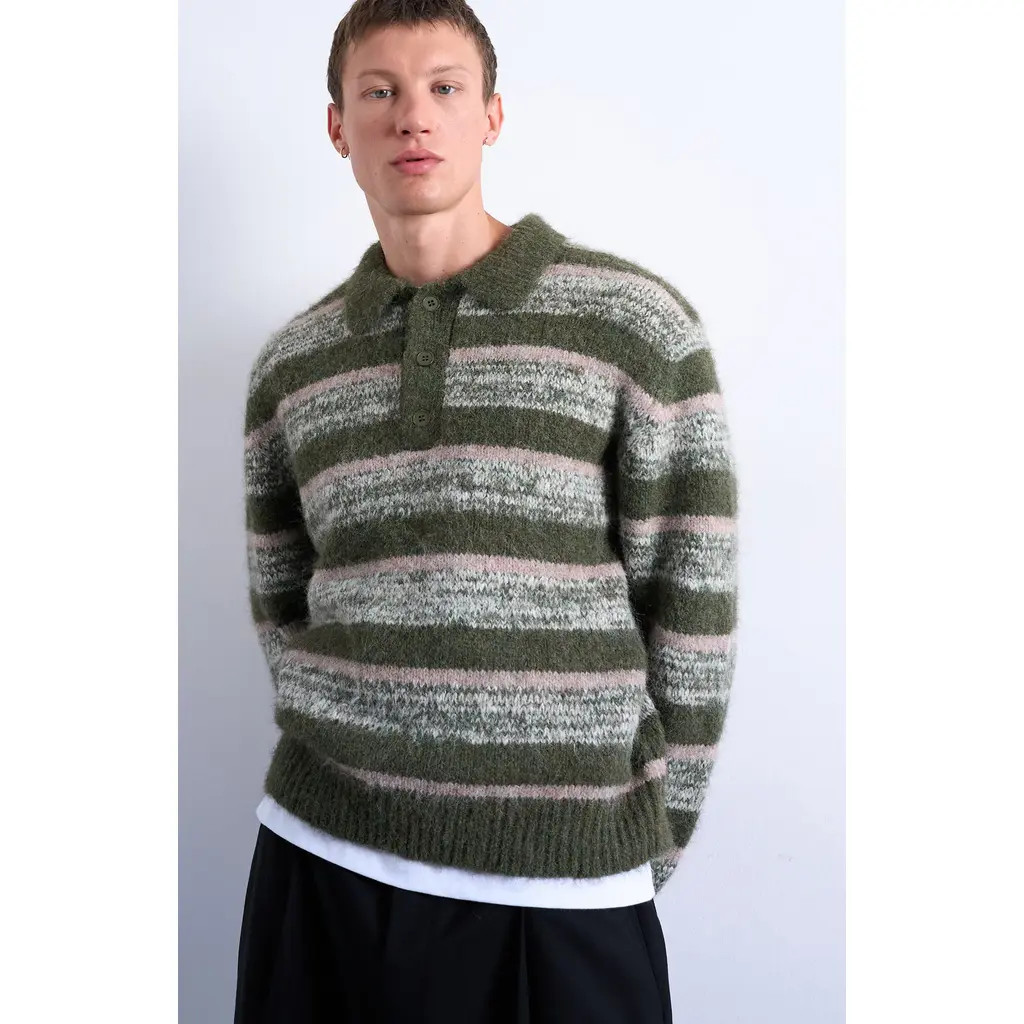 Topman Relaxed Fit Stripe Polo in Green Khaki at Nordstrom, Size X-Small | Nordstrom