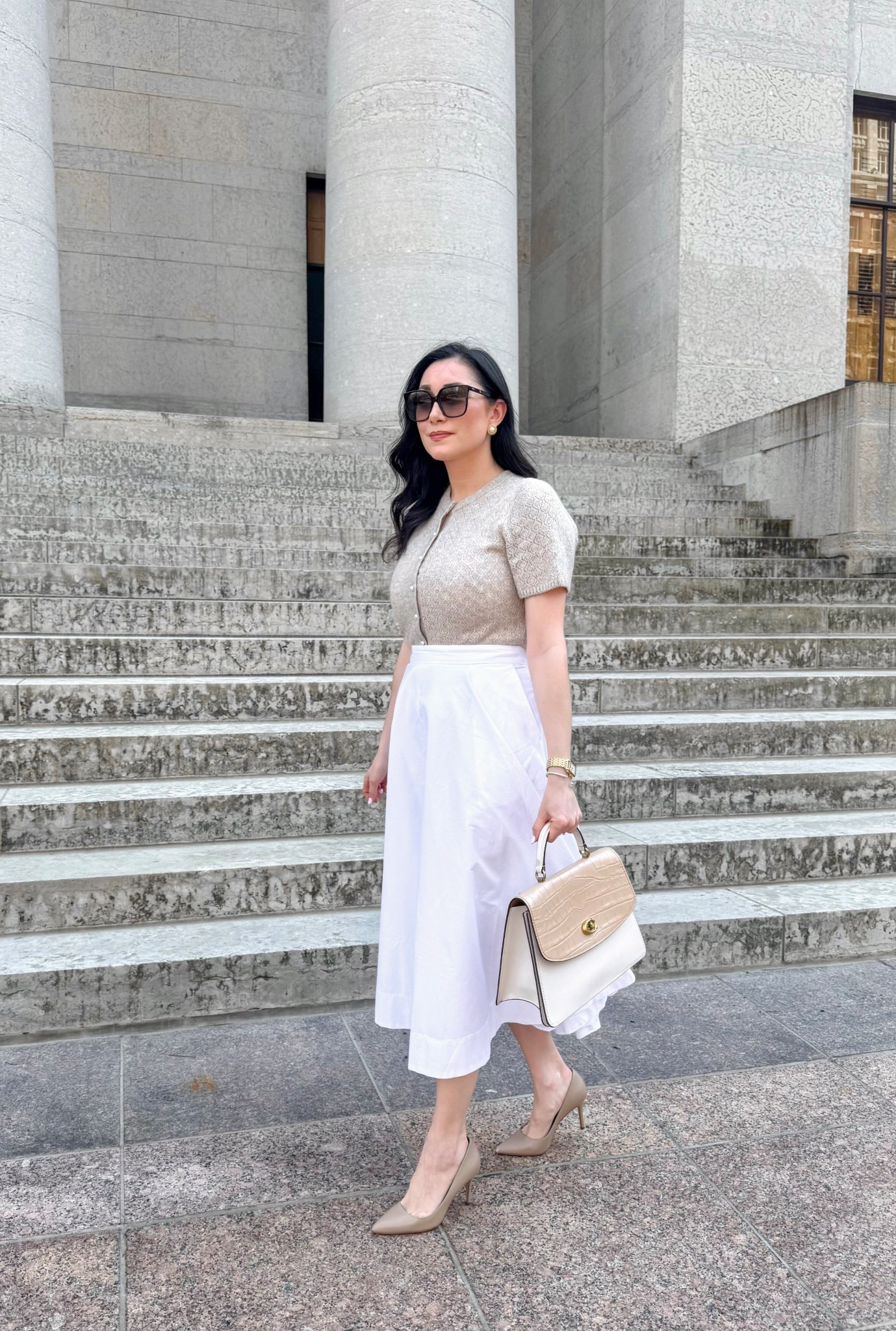 Classy spring work outfit 🤎🤍

Tan short sleeve sweater with pearl buttons size small, on sale 
White midi skirt size 4, fits slightly big (30% off)
Nude heels 

Work wear 
Office outfit 

#LTKSeasonal #LTKWorkwear #LTKSaleAlert