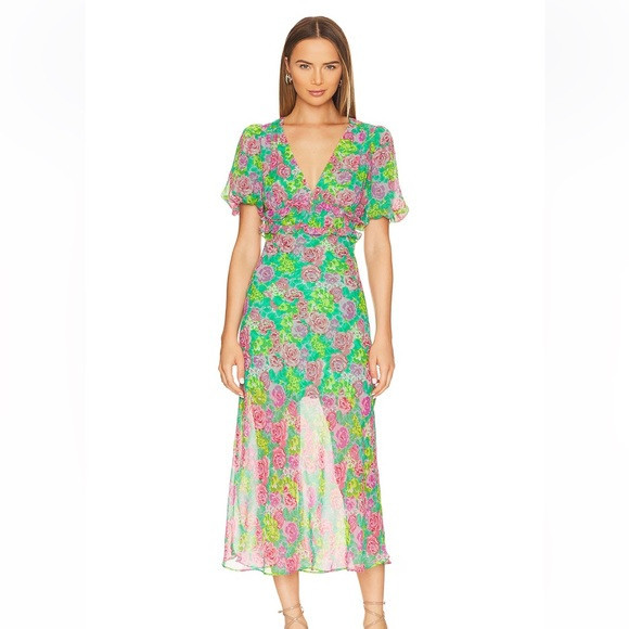 Astr the Label Esperanza Floral Puff Sleeve Midi Dress in Green/Pink Size XS | Poshmark