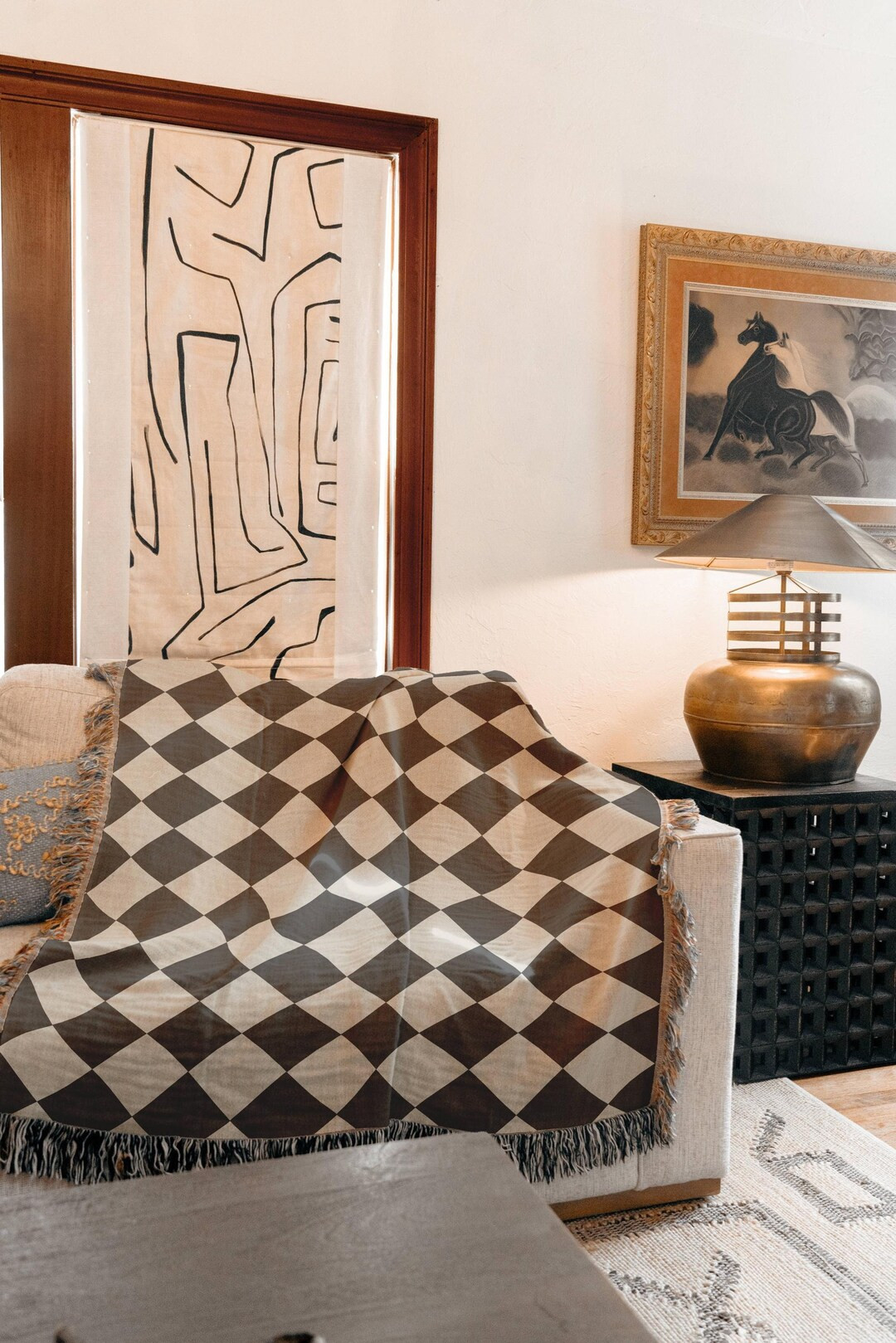 Woven Throw Blanket Checkered Fringe Boho Home Decor Housewarming Gift Farmhouse Couch Throw Wall... | Etsy (US)