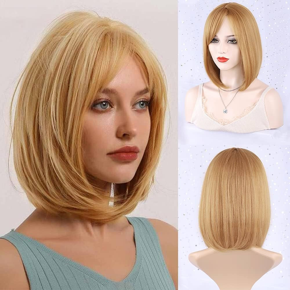MORICA Strawberry Blonde Wig with Bangs Short Hair Wig for Women Blonde Wig Straight Hair Bob Wig... | Amazon (US)