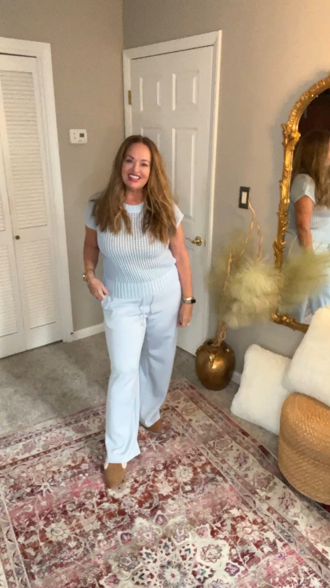 Two piece lounge set with ss crochet knit top and silky drawstring lounge pants that have a lovely drape and sheen. Available in other colors 

#LTKOver40 #LTKmorningroutine #LTKGiftGuide